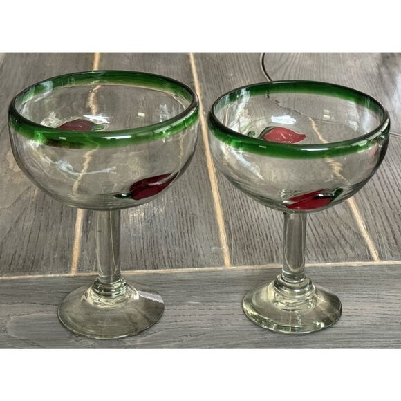 Mexican Hand-Blown Margarita Glasses With Red Pepper Design Set Of 2 - Picture 7 of 7